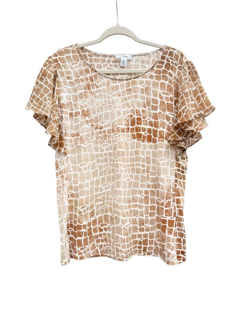 Calvin Klein Women's Brown and White Animal Print Flutter Sleeve Blouse